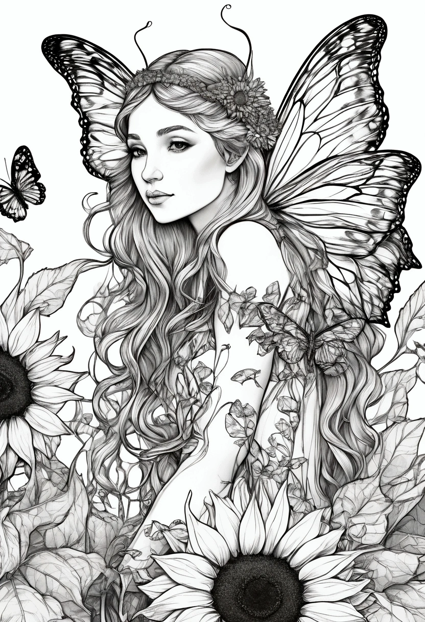 A delicate fairy with butterfly wings resting on a giant sunflower, clean line art, white background, colouring page, clean outline