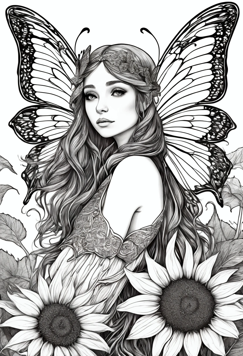 A delicate fairy with butterfly wings resting on a giant sunflower, clean line art, white background, colouring page, clean outline