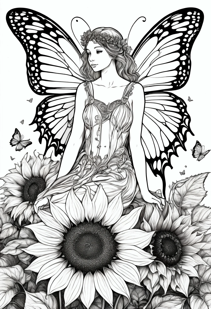 A delicate fairy with butterfly wings resting on a giant sunflower, clean line art, white background, colouring page, clean outline