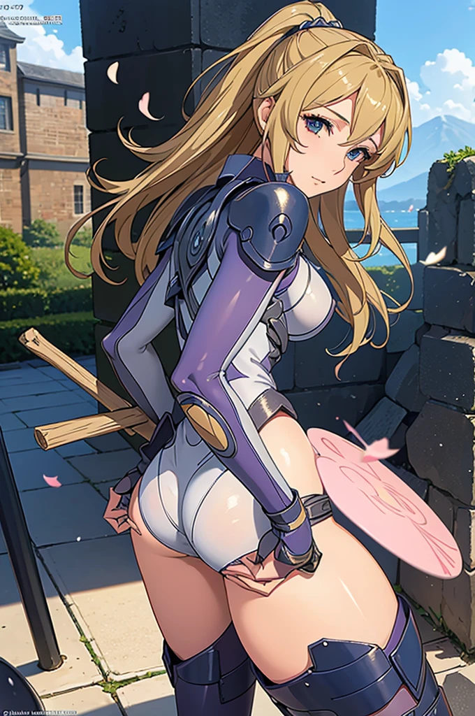 best quality, official art, masterpiece, textile shading, HDR, very detailed, colorful, best details, fantasy, battle suit,1 female, 25 years old, best quality, official art, masterpiece, textile shading, HDR, very detailed, colorful, best details, fantasy, battle suit,1 female, 25 years old, standing on stairs,A castle town with an old castle view, sunny,choppy hair, big breast, skinny,Surrounded by a large crowd:1.9、Confetti flutters、Blessed、Being welcomed:1.5、cameltoe:1.3, looking back, ground level shot:1.9,(stick out butt:1.3), (show your butt hole:1.3)