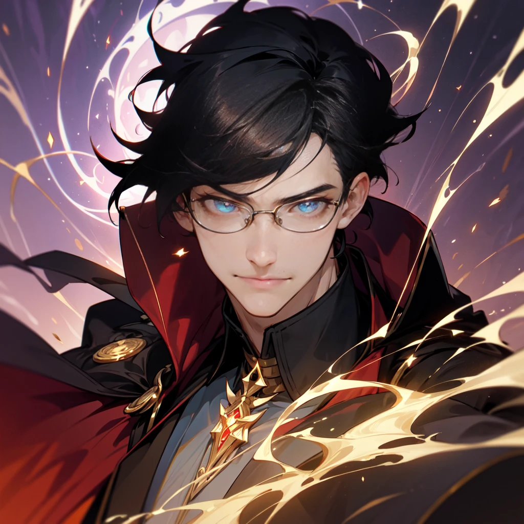 masterpiece, best quality, 1 male, young, tall muscular, handsome, finely detailed eyes, intricate details, black hair, short hair, smile, solo, upper body, detailed background, detailed face, good sorcerer, color magical robes, determined expression, white color scheme, dark crimson light, glowing magical runes, realistic lighting, floating particles, sparks, surrounded by gold lightning red arcane symbols, corrupted by eldritch power, bloom, glasses