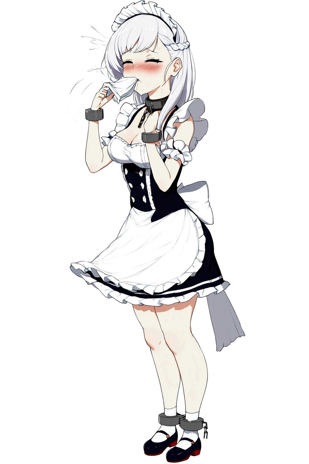 Anime. Azur Lane. 1 girl. Belfast. Housemaid. Slave. Slave collar. Shackles. Maid uniform. Cold. Runny nose. Nasal mucus. Snot. Sneezing. Heat. Heat. Fever. Sneeze. Sneeze standing. Sneeze snot. Snot flows from the nose. Itchy nose. Wants to fix it. I have to sneeze. She sneezed. Snot flew out of her nose. Snot flows from her nose after sneezing. Embarrassment. Blush. Handkerchief. He sneezes, covering his nose with his hand. Blows his nose. Clumsy. Virgin. Period. Standing. Full height. Full body. NSFW. Sneeze fetish. Ultra detail. 8k. Wax permit. Excellent quality.