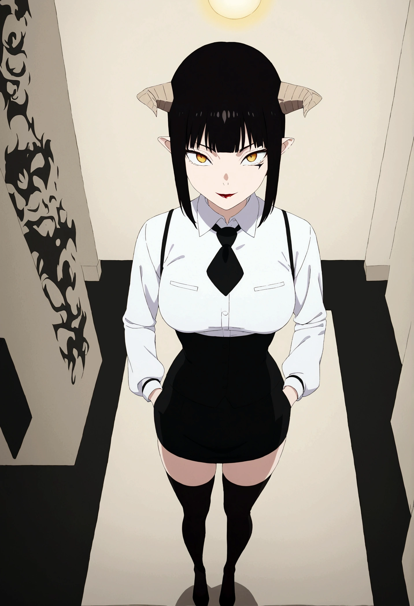 ,hands in pocket,work of art, tight white secretary shirt with black tie, black high waist skirt, short skirt,stocking, black hair, black tightscary sun,office,bangs on the eyes,lighting,horn of hair,view from above,evil smile,linda,staring overhead