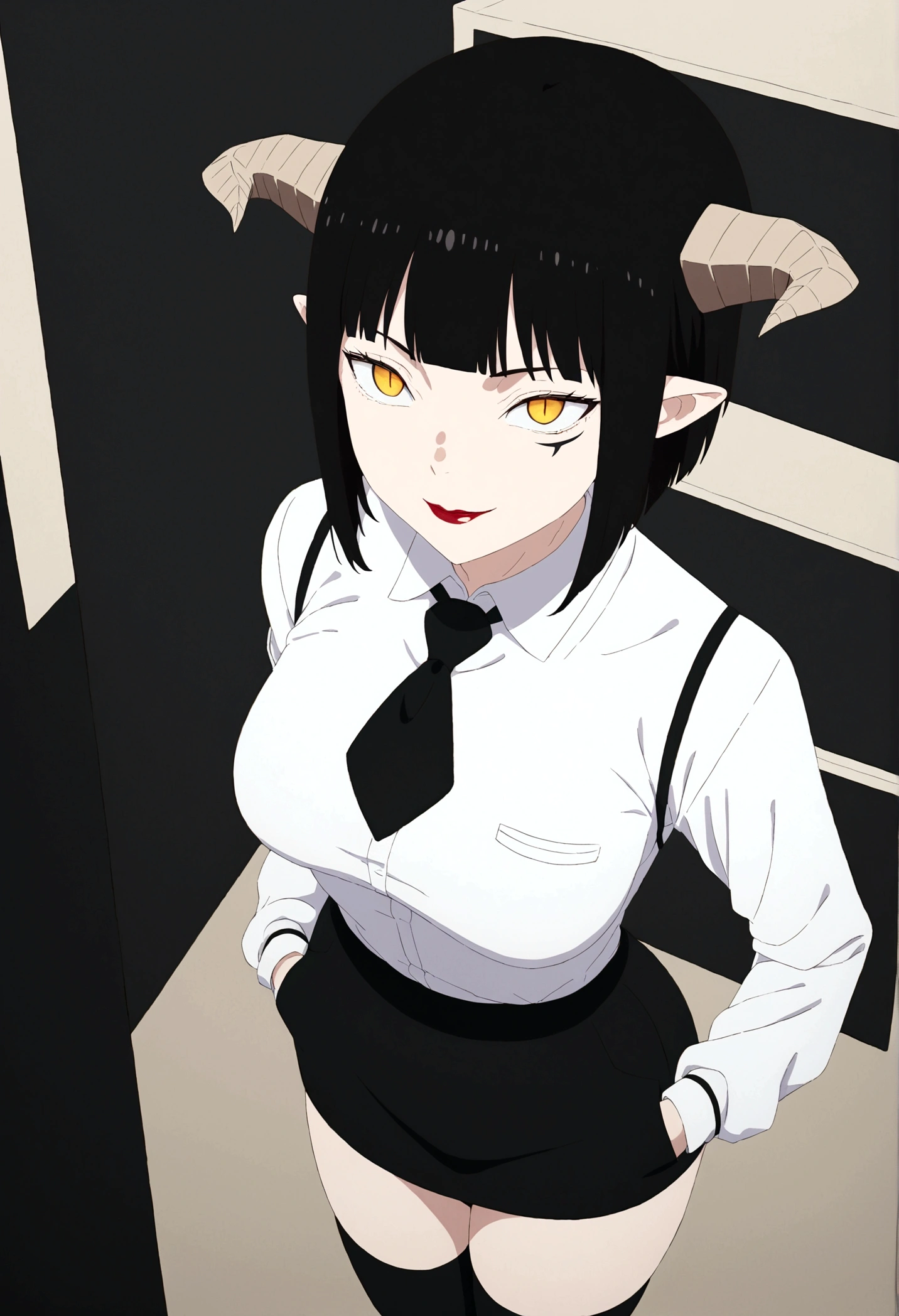 ,hands in pocket,work of art, tight white secretary shirt with black tie, black high waist skirt, short skirt,stocking, black hair, black tightscary sun,office,bangs on the eyes,lighting,horn of hair,view from above,evil smile,linda,staring overhead