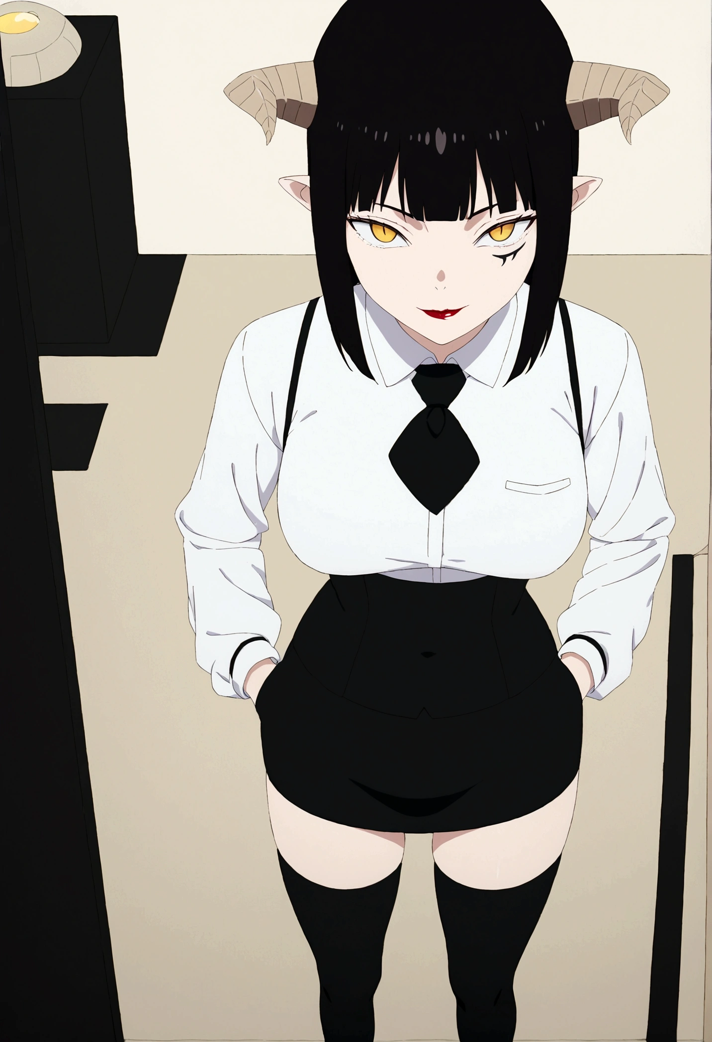 ,hands in pocket,work of art, tight white secretary shirt with black tie, black high waist skirt, short skirt,stocking, black hair, black tightscary sun,office,bangs on the eyes,lighting,horn of hair,view from above,evil smile,linda,staring overhead
