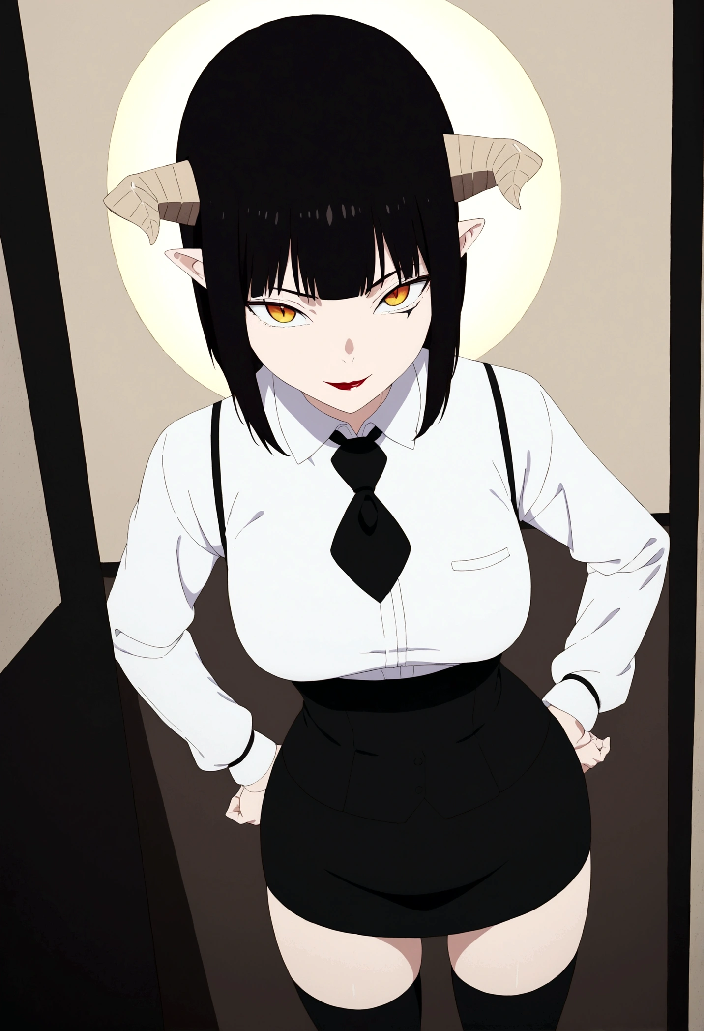 ,hands in pocket,work of art, tight white secretary shirt with black tie, black high waist skirt, short skirt,stocking, black hair, black tightscary sun,office,bangs on the eyes,lighting,horn of hair,view from above,evil smile,linda,staring overhead
