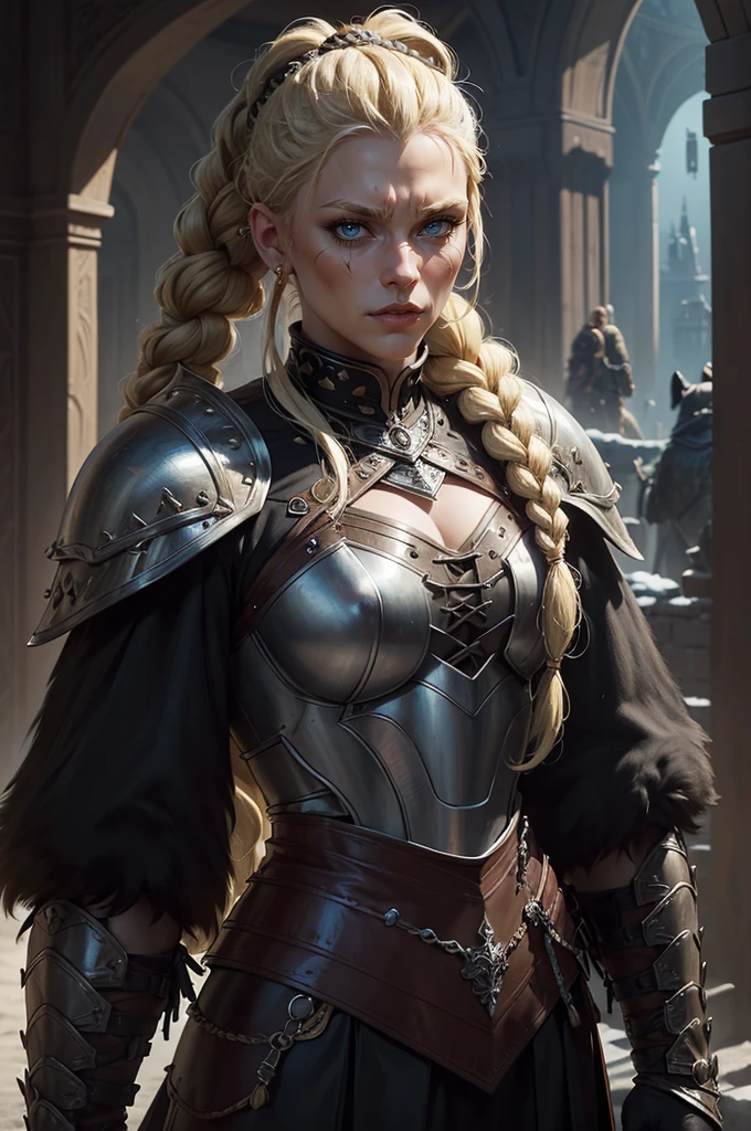 (sensuality:beastality:0.7), (medieval fantasy:1.1), bear fur coat, (detailed armor:1.1), furs, leather, metal accessories, gritty atmosphere, anger expression, fur boots, fur shoulders,, (masterpiece,High quality,best quality:1.4),sharp focus,(intricate, detailed:1.3),(Cinematic lighting),(detailed scenery, epic scenery),(official style, official art, official wallpaper,), barbarian woman, blue eyes, 170cm tall, (braided ponytail:1.2), (single braid:1.1), (blonde hair:1.4), (heavy upper lips:1.1), (body full of scars:1.2), (everything Detailed),
