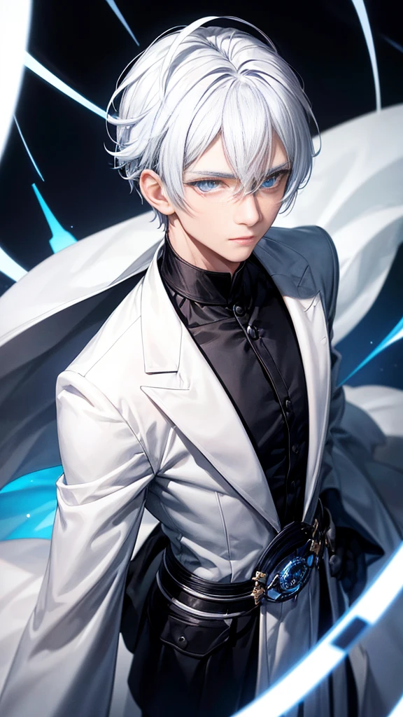A man ,small blue glowing eyes,white eyelashes, white stylish hair, he is wearing a black coat , his skintone is light,((Saturo Gojo))