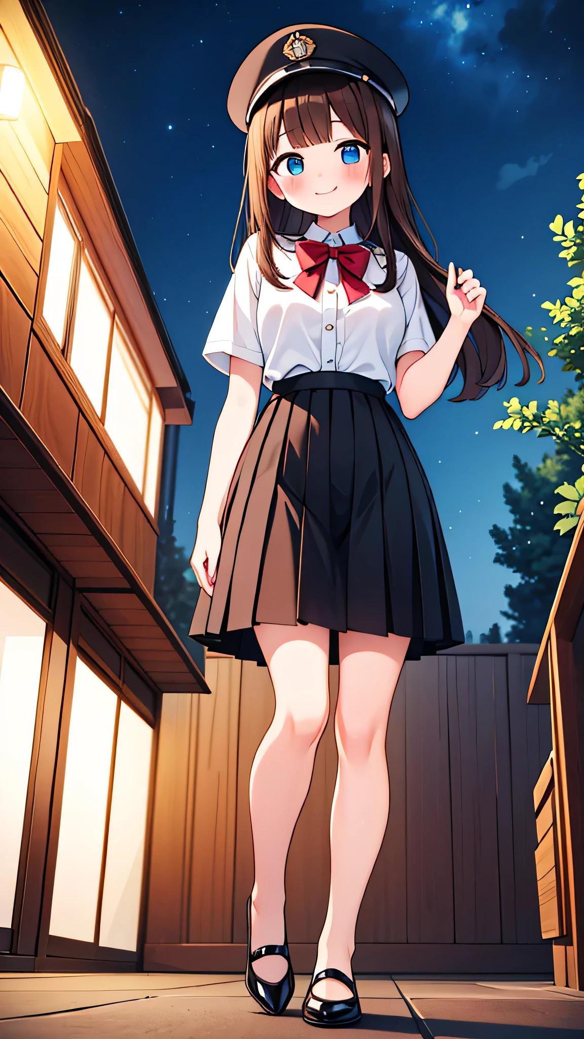 {Highest quality}, {Super beautiful},{Ultra fine},{Best illustration},Brown Hair,Hime cut,semi-long,Bangs,Standing Woman,Uniform cap,White Shirt,Short sleeve,Long black skirt,Night Park,Embarrassed,smilingly,Blushing,Slender women, A woman wearing plain black pumps,Bare feet and pumps,From below