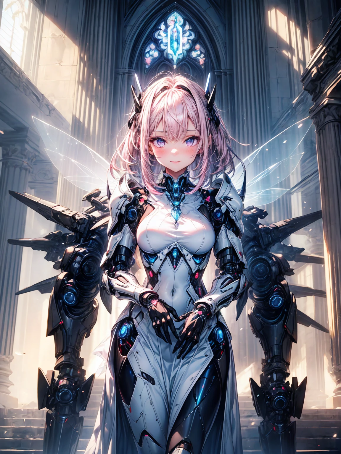 (1 Girl:1.0),
(Age 25:1.0), (Medium Chest:1.2),
(Pink medium hair:1.0), 
(Beautiful photorealistic face:1.1), (Clear blue little eyes:1.0),
(Cybernetic female robot:1.0), (Mech Suit:1.0),
(white knight armor:1.0), (Doll joints:1.0),
(White modest padded dress skirt:1.0),
(White luxury dress:1.1),
(A kind smile:1.0), (Portraiture:1.0), (From the side:0.7), (Looking at the audience:1.0),
（iridescent holographic fairy wings:1.3）In the mysterious cathedral、Female android dressed as a knight、 The mysterious light coming from the ceiling behind her beautifully accentuates her silhouette...... The face is in shadow and looks a little dark.
Highest quality, masterpiece, (Photorealistic Style:1.2)