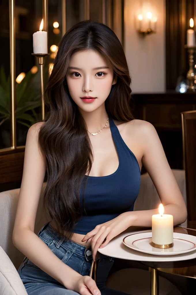 Generate an image of a breathtaking 20-year-old Asian woman whose beauty is comparable to a goddess of the fire element. She has large brown eyes, dark brown hair, radiant skin, and an appealing look. Dressed in a stunning top and blue skinny jeans, she is seated elegantly at a romantic dining table. The ambiance is intimate with soft lighting, candles, and a beautifully set table.