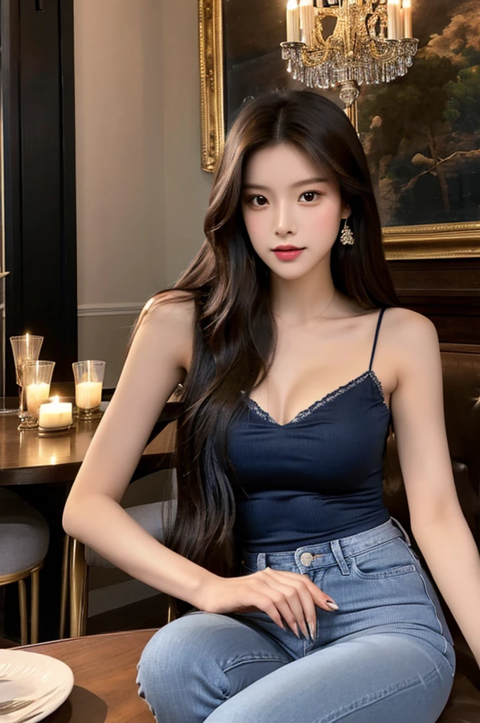 Generate an image of a breathtaking 20-year-old Asian woman whose beauty is comparable to a goddess of the fire element. She has large brown eyes, dark brown hair, radiant skin, and an appealing look. Dressed in a stunning top and blue skinny jeans, she is seated elegantly at a romantic dining table. The ambiance is intimate with soft lighting, candles, and a beautifully set table.