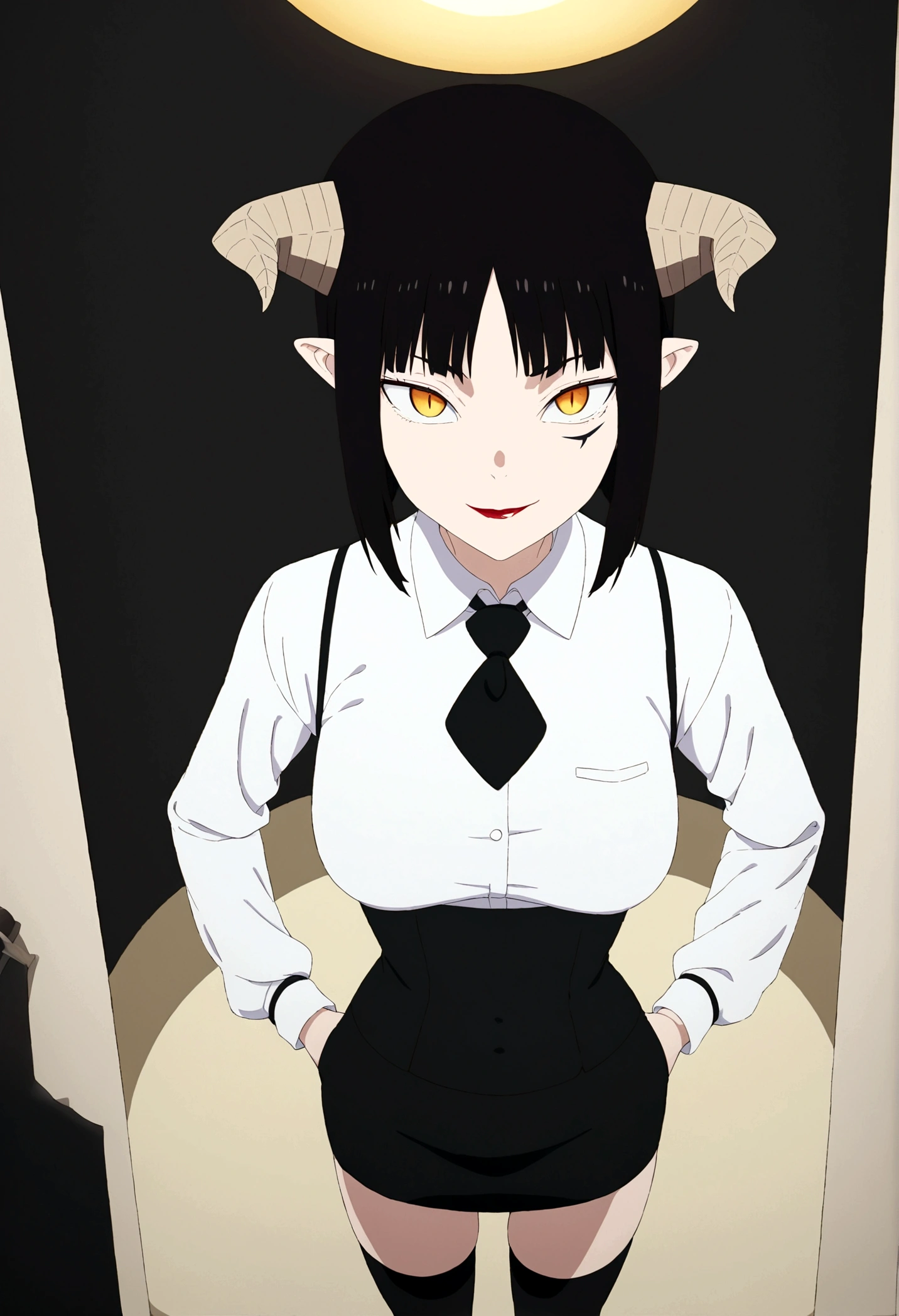 ,hands in pocket,work of art, tight white secretary shirt with black tie, black high waist skirt, short skirt,stocking, black hair, black tightscary sun,office,bangs on the eyes,lighting,horn of hair,view from above,evil smile,linda,staring overhead

