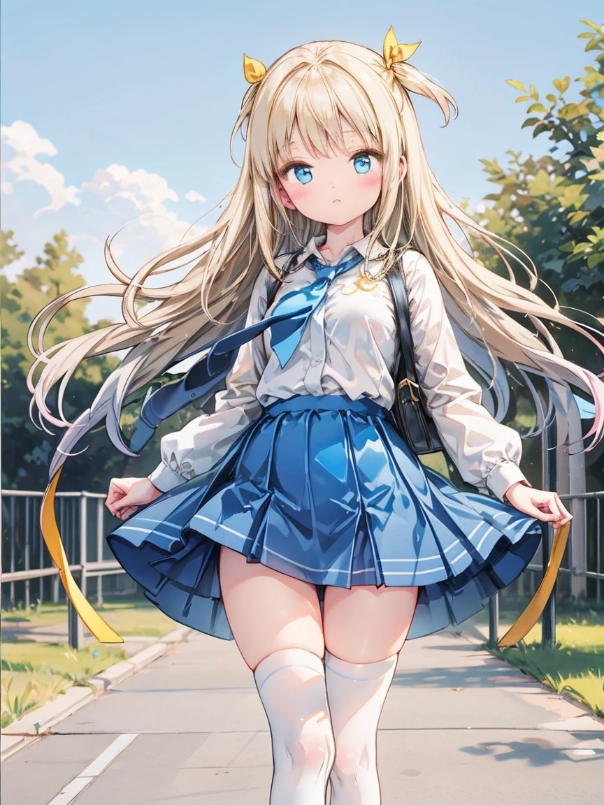 (realistic, photo realistic:1.2), ((highest quality)), move the center of gravity backwards, pretty embarrassing, Slender, Very cute, Standing Split, Standing on one leg, 1Girl, Long Hair, Blonde hair, Yellow ribbon, White shirt, White panties, Blue tie, Blue Skirt, Black knee-high socks, (Thin thighs: 1.1), wind, Plein Air