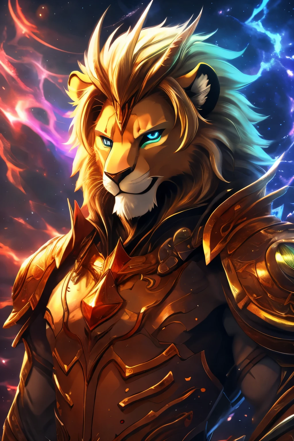 furry, male, anthro, (Lion Tail), solo, (Realistic eye details:1.2), (beautiful detailed eyes), anime character there is a Lion male a rainbow colored with rainbow teal armor, rainbow colored cosmic nebula background, stars, galaxies, perfect anatomy, realistic anatomy, full body like, slim body, good looking, anime style, 8k, 4k anime wallpaper, anime art wallpaper 8 k, 2 d art, 2d art, anime art wallpaper 4k, detail art, battle ready position, cool pose, charismatic pose