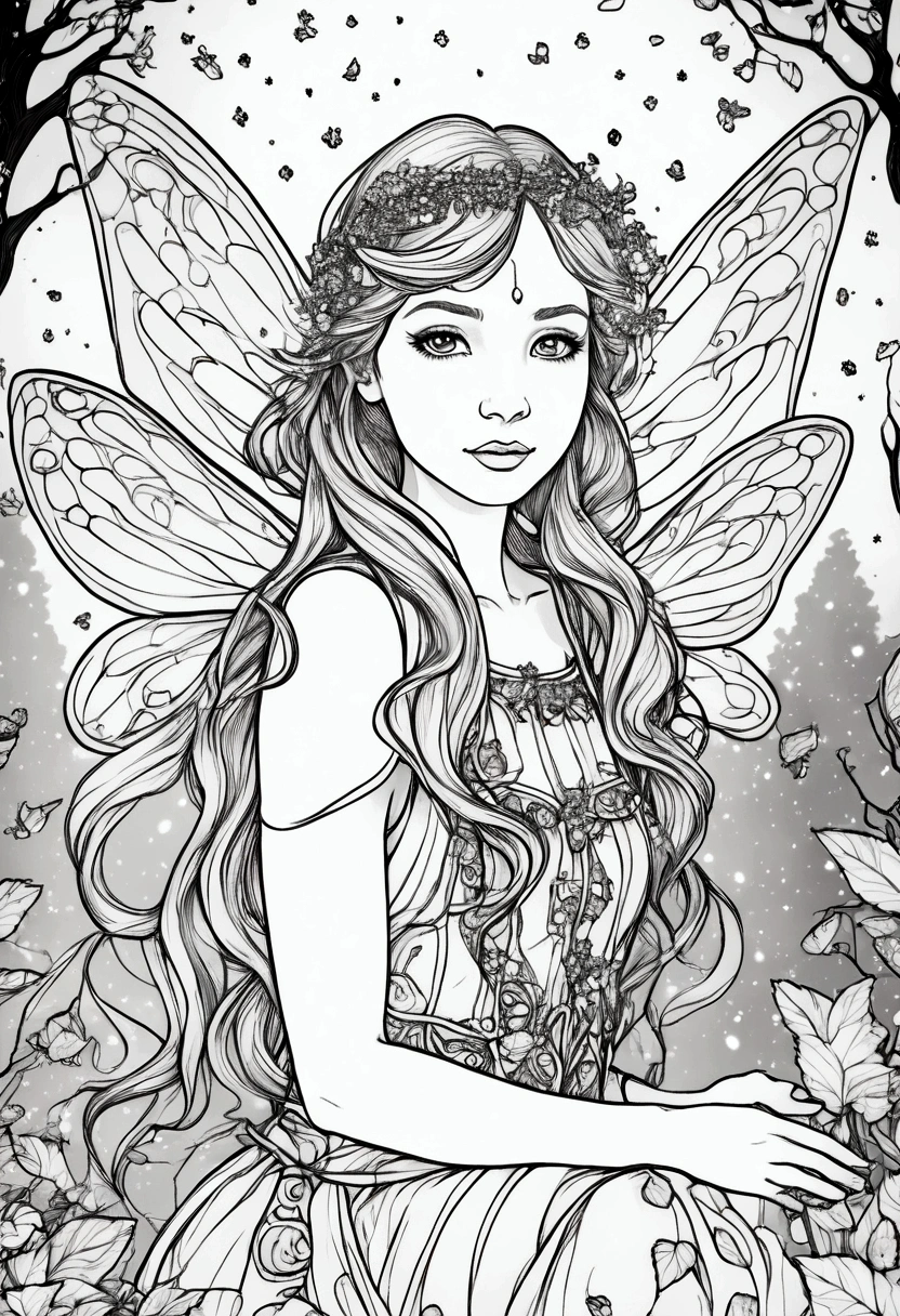 A magical fairy surrounded by glowing fireflies in a moonlit forest, clean line art, white background, colouring page, clean outline