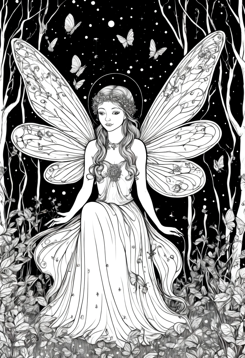 A magical fairy surrounded by glowing fireflies in a moonlit forest, clean line art, white background, colouring page, clean outline