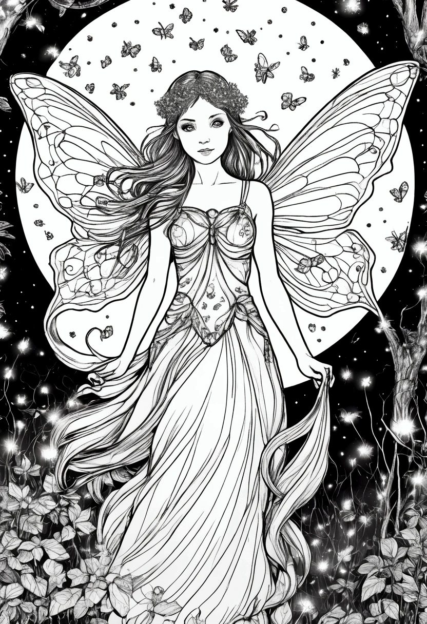 A magical fairy surrounded by glowing fireflies in a moonlit forest, clean line art, white background, colouring page, clean outline