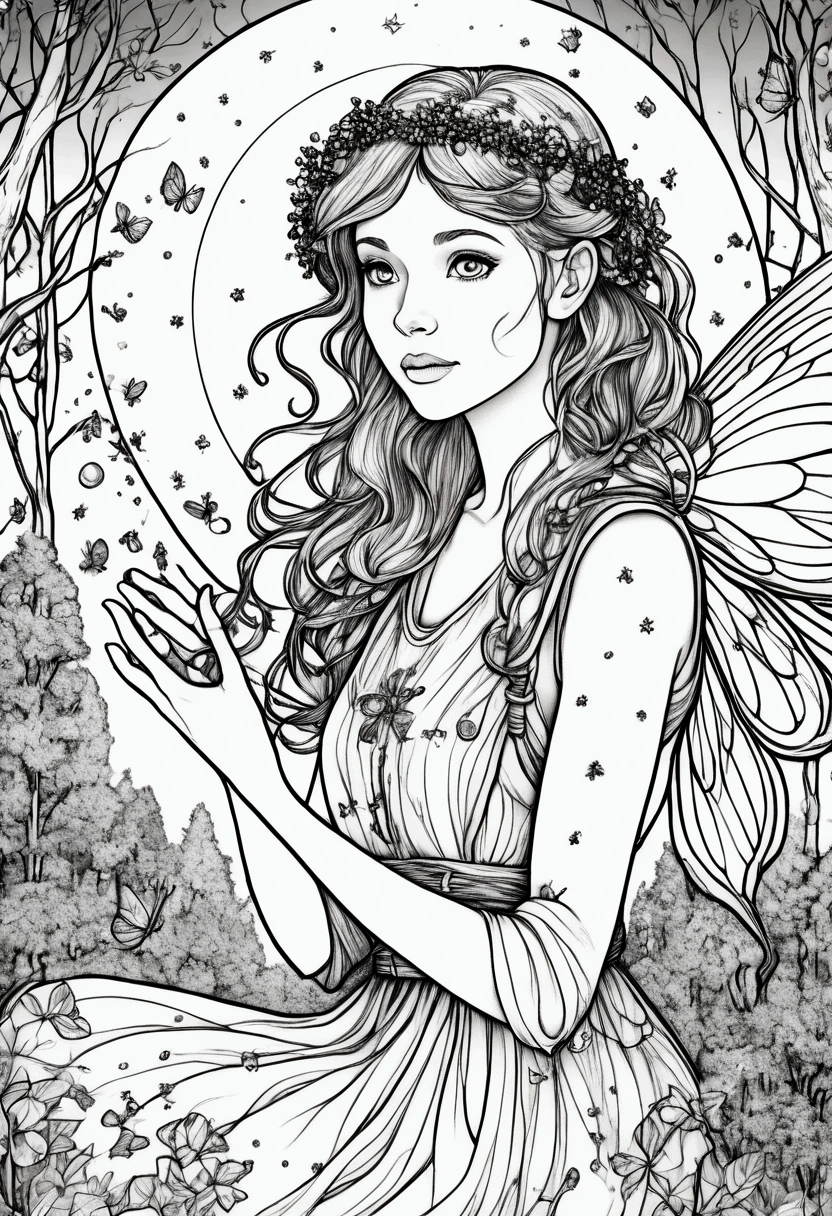 A magical fairy surrounded by glowing fireflies in a moonlit forest, clean line art, white background, colouring page, clean outline