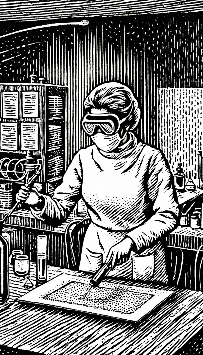 (Black and white woodcut:1.5)、(Second floor in black and white.)、((foreground)), dark and sinister atmosphere、science woman, wearing a radiation suit, taking a test tube with tweezers, ((with a microscope on the table)), ((using face masks and protective goggles)), in a laboratory with many flasks and test tubes.