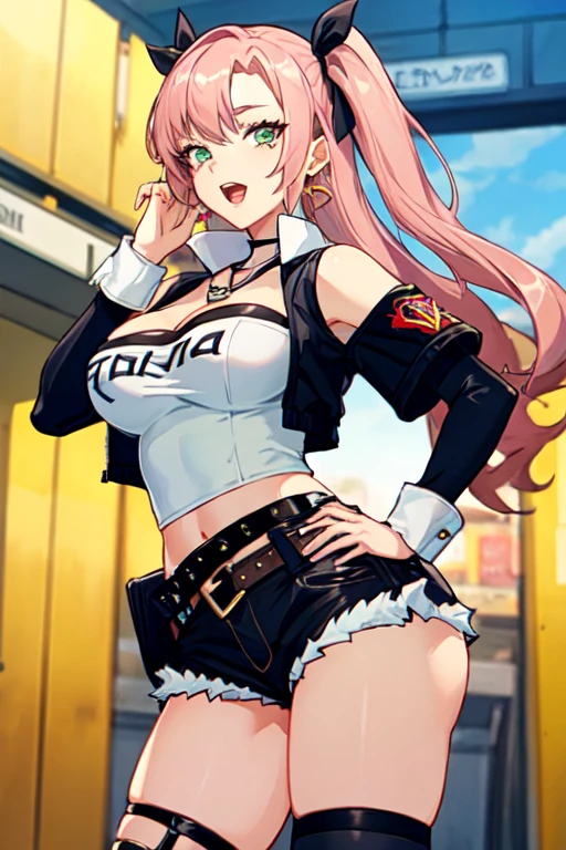 ultra-detailed,
master piece,best quality,high resolution,
beautiful eyes,detailed eyes,detailed face,
beautiful detailed eyes,symmetrical clear eyes,
1girl,Nicole Demara, Tube Top, single thighhigh, Short shorts, Cropped jacket, Hair Ribbon, hair clips, earrings, Belt bag, Detached sleeves, doll, Black collar,  Standing, smug, Open mouth, Looking at Viewer, put hands on the hip, masutepiece