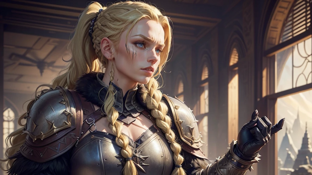 (sensuality:beastality:0.7), (medieval fantasy:1.1), bear fur coat, (detailed armor:1.1), furs, leather, metal accessories, gritty atmosphere, anger expression, fur boots, fur shoulders,, (masterpiece,High quality,best quality:1.4),sharp focus,(intricate, detailed:1.3),(Cinematic lighting),(detailed scenery, epic scenery),(official style, official art, official wallpaper,), barbarian woman, blue eyes, 170cm tall, (braided ponytail:1.2), (single braid:1.1), (blonde hair:1.4), (heavy upper lips:1.1), (body full of scars:1.2), (everything Detailed),

