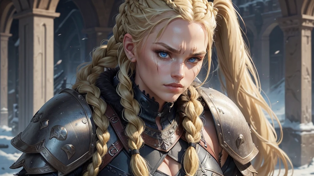 (sensuality:beastality:0.7), (medieval fantasy:1.1), bear fur coat, (detailed armor:1.1), furs, leather, metal accessories, gritty atmosphere, anger expression, fur boots, fur shoulders,, (masterpiece,High quality,best quality:1.4),sharp focus,(intricate, detailed:1.3),(Cinematic lighting),(detailed scenery, epic scenery),(official style, official art, official wallpaper,), barbarian woman, blue eyes, 170cm tall, (braided ponytail:1.2), (single braid:1.1), (blonde hair:1.4), (heavy upper lips:1.1), (body full of scars:1.2), (everything Detailed),