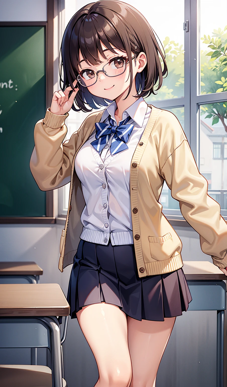 (One girl)、smile、Glasses、turn around、teacher、Cream colored cardigan、Navy blue tight skirt、Classroom Dark Brown Short Hair、Dark brown eyes