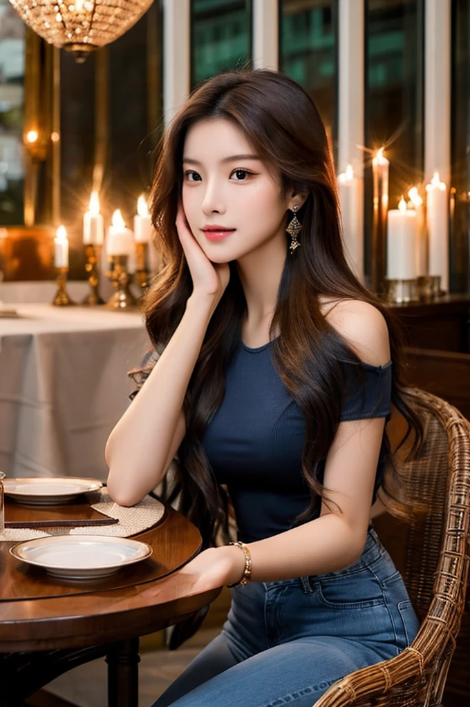 Generate an image of a breathtaking 20-year-old Asian woman whose beauty is comparable to a goddess of the fire element. She has large brown eyes, dark brown hair, radiant skin, and an appealing look. Dressed in a stunning top and blue skinny jeans, she is seated elegantly at a romantic dining table. The ambiance is intimate with soft lighting, candles, and a beautifully set table.