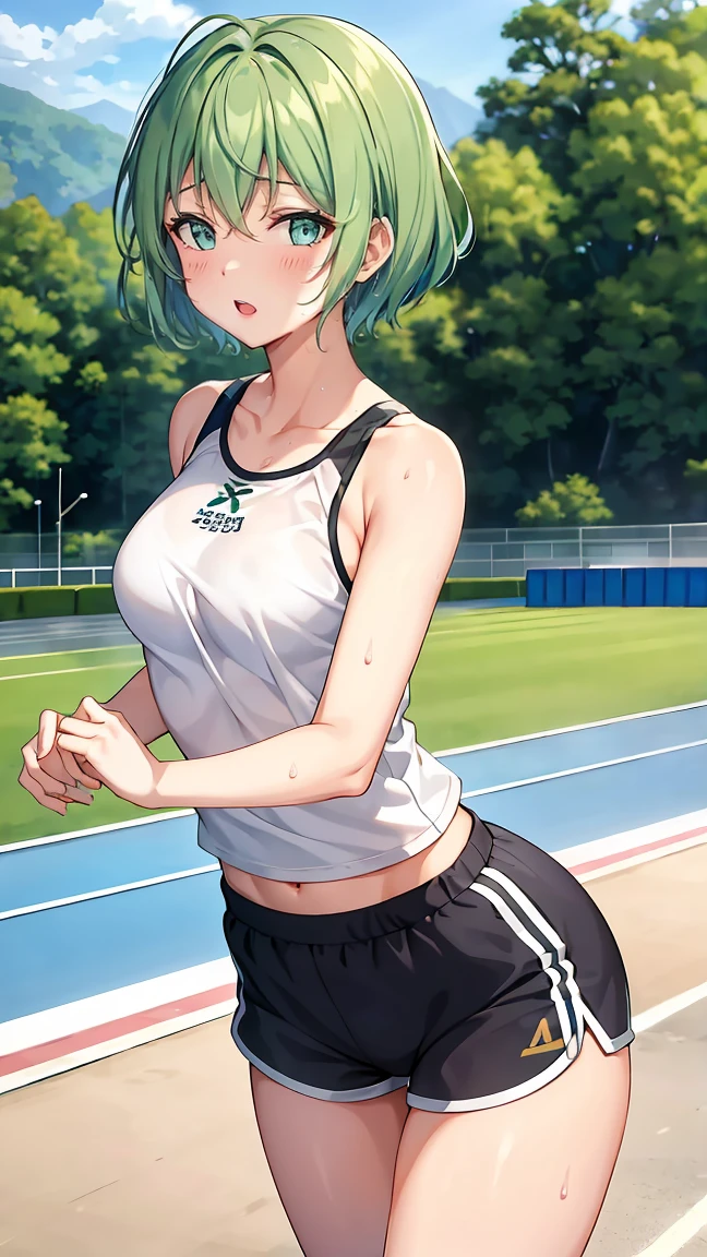 Girl with short green hair, Small size breasts,、Green Eyes, 、,Full body photo from head to toe、Track and field athlete、、、Uplifting、Leaning forward、、walk short distance、running、A toned and toned body、Desperate、(Sweat)、Uplifting、A moving picture、Shorts、Full Dash