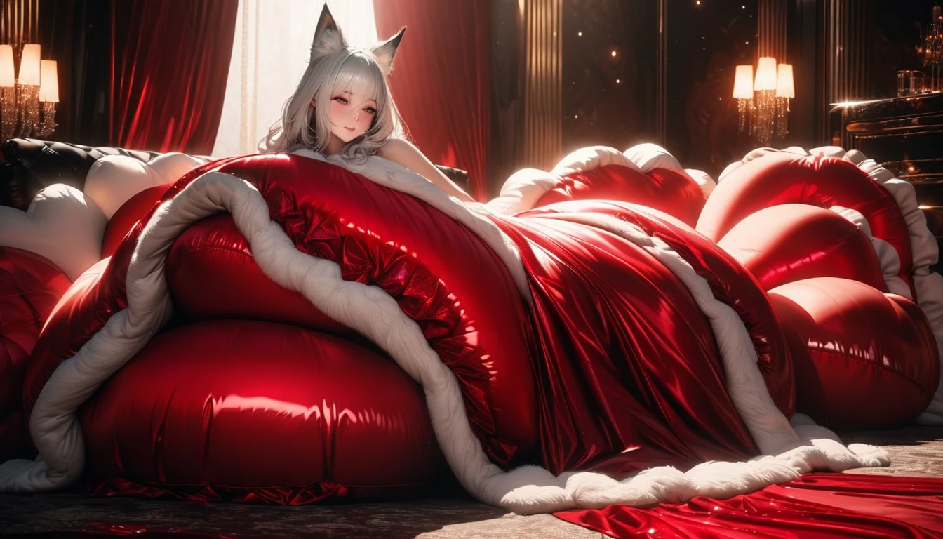 A fluffy red silk feather duvet, many huge silk body pillows, a luxurious and fluffy red silk bed, red silk sheets, 8k, best quality, high detailed, photorealistic, dramatic lighting, warm tones, luxurious, soft, plush, velvet, satin, velvety textures, elegant, sophisticated, premium, lavish, opulent, sumptuous, indulgent, exquisite, refined, lush, White hair, fox ears, fox tail