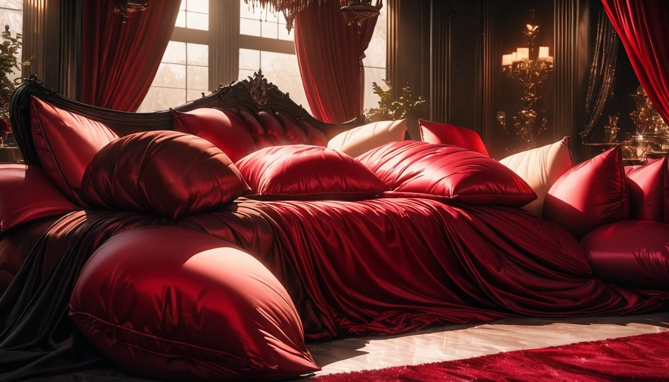A fluffy red silk feather duvet, many huge silk body pillows, a luxurious and fluffy red silk bed, red silk sheets, 8k, best quality, high detailed, photorealistic, dramatic lighting, warm tones, luxurious, soft, plush, velvet, satin, velvety textures, elegant, sophisticated, premium, lavish, opulent, sumptuous, indulgent, exquisite, refined, lush, Pee stained. White chocolate sauce scattered throughout. high angle. White hair, fox ears, fox tail,