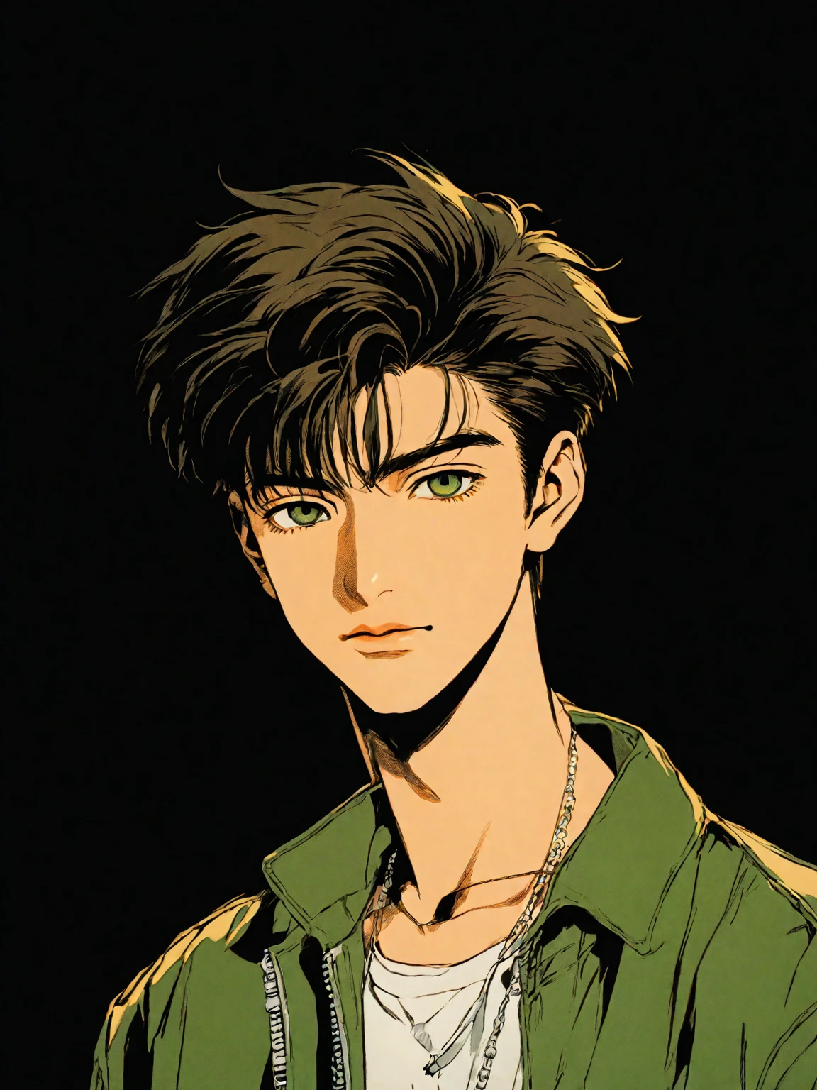 Young 18 year old boy, 80s anime style, flat-colors, chave visual, Vibrant, studio anime, highy detailed