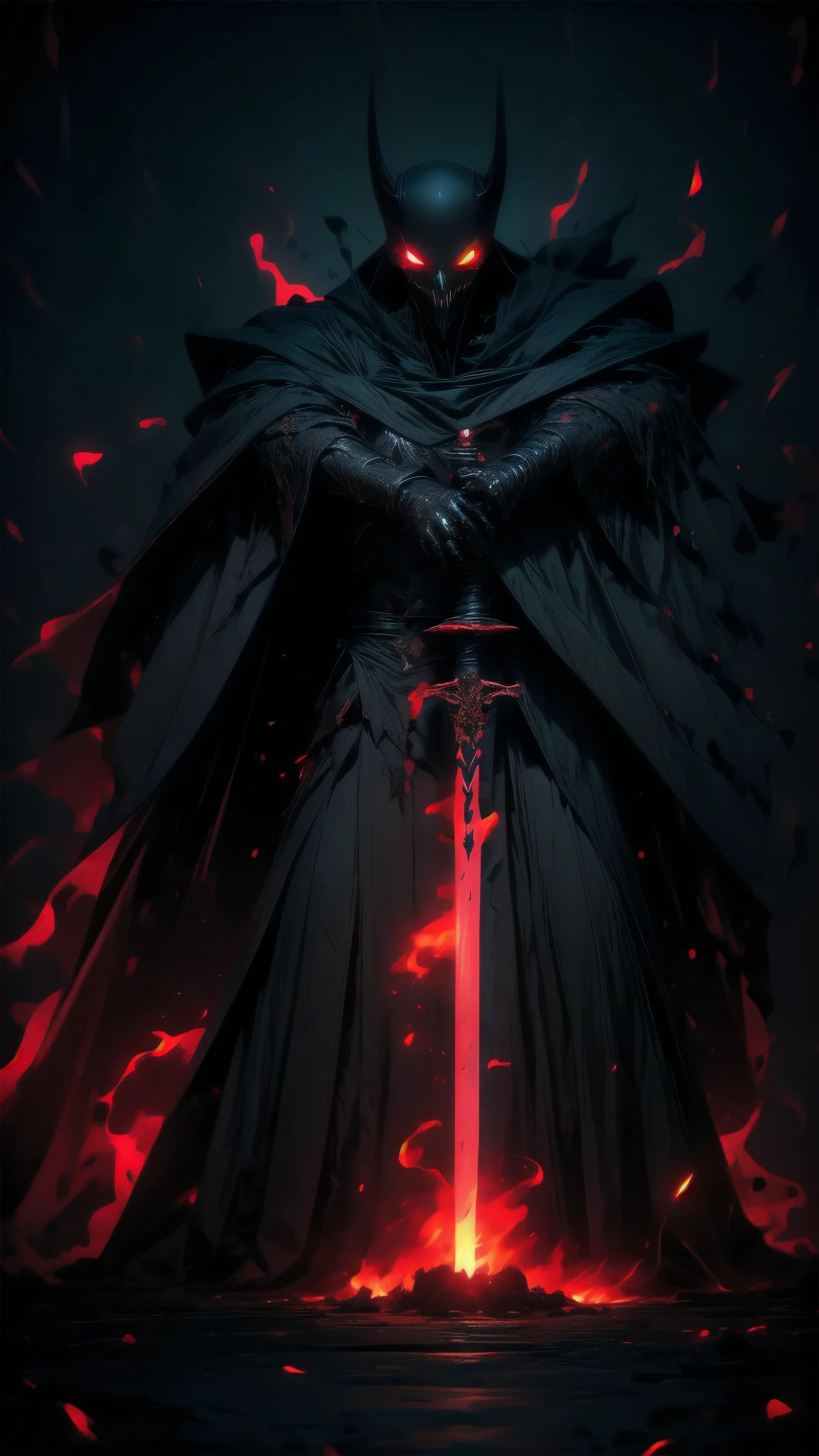 A dark and ominous creature, a god of death with a black crown, red glowing eyes, dynamic point of view, a fantasy character with a large torn black cape, wearing black and torn clothes, holding a magic sword with a blue and green aura around it, magical effects surrounding the sword, dark evening outdoor background on a dark plain