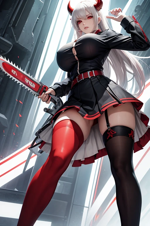 solo, power anime character Chainsaw Man (big breasts) (masterpiece, best quality: 1.2), red horns, alternate costume, white hair, blond hair, red eyes, black shoes, stockings, (red eyes: 1.3),, black shirt, blue skirt