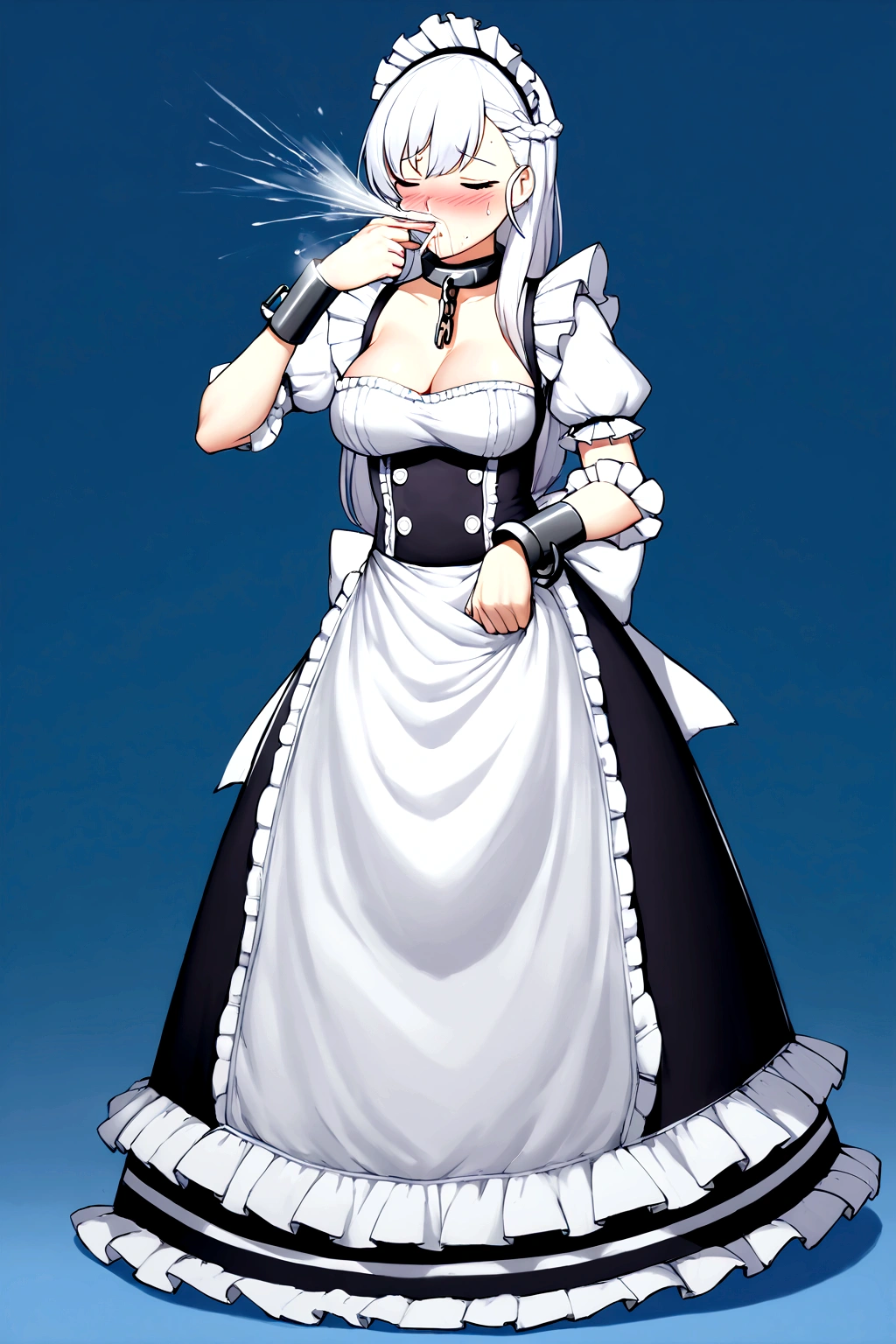 Anime. Azur Lane. 1 girl. Belfast. Housemaid. Slave. Slave collar. Shackles. Maid uniform. Cold. Runny nose. Nasal mucus. Snot. Sneezing. Heat. Heat. Fever. Sneeze. Sneeze standing. Sneeze snot. Snot flows from the nose. Itchy nose. Wants to fix it. I have to sneeze. She sneezed. Snot flew out of her nose. Snot flows from her nose after sneezing. Embarrassment. Blush. Handkerchief. He sneezes, covering his nose with his hand. Blows his nose. Clumsy. Virgin. Period. Standing. Full height. Full body. NSFW. Sneeze fetish. Ultra detail. 8k. Wax permit. Excellent quality.