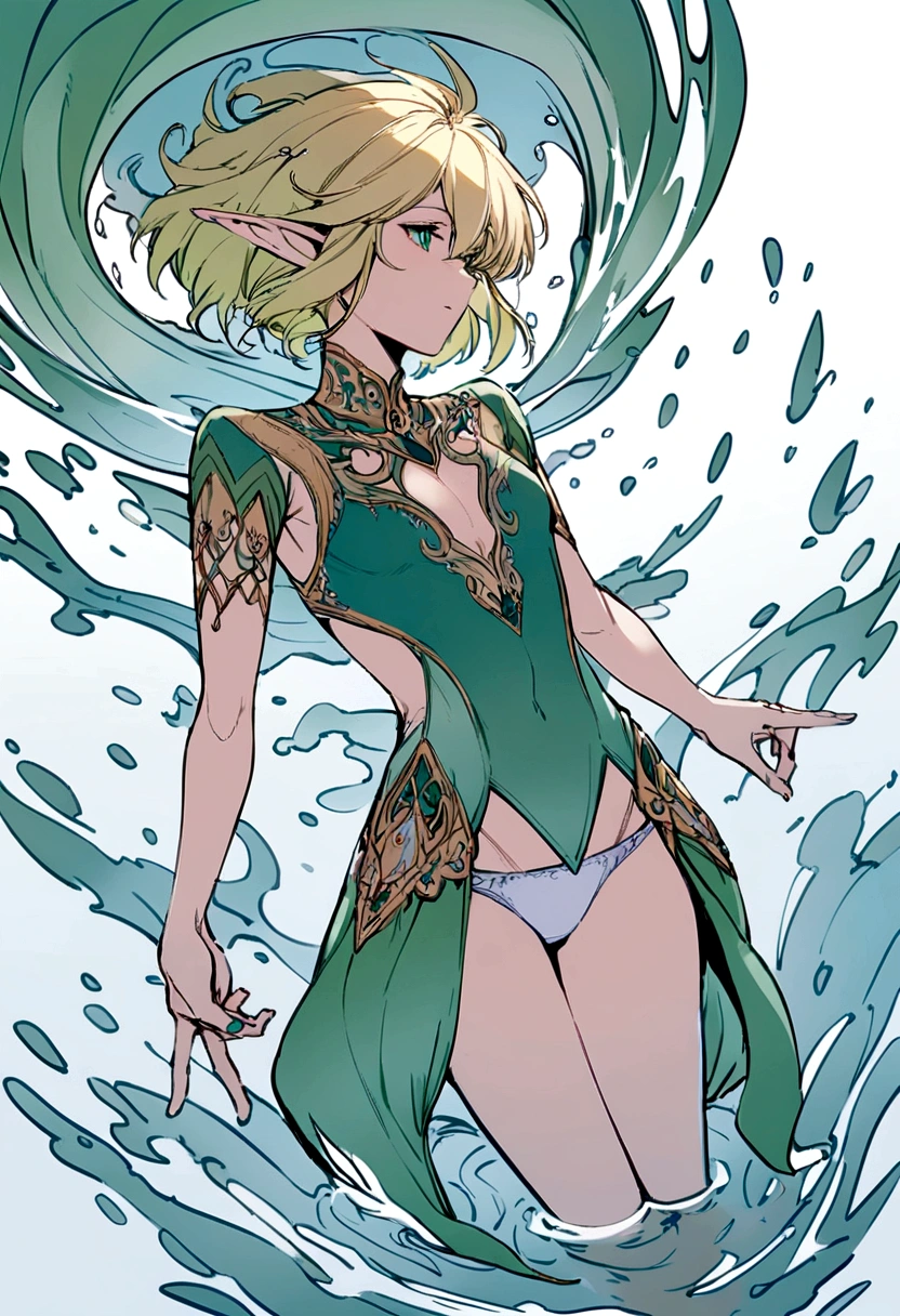 Elf man floating in water wearing only simple shorts,blonde elf man,Short Hair