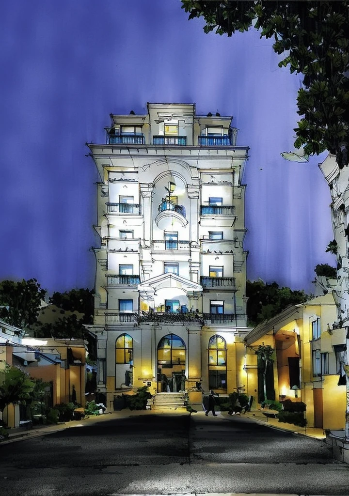 A hotel with classical style with a hill behind, planting on the balcony, morning, daytime, sunnyday, bright blue sky