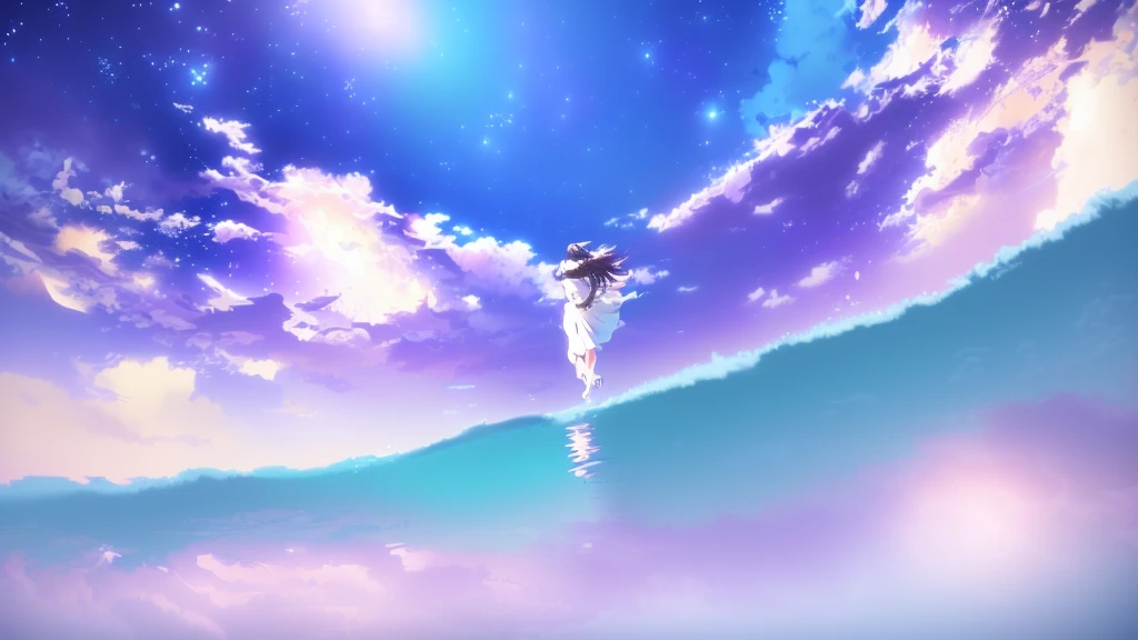 anime, A girl in a white dress floats in the water, Makoto Shinkai Cyril Rolland, anime girl walking on water, anime movie background, beautiful anime scene, today's featured anime still, anime film still, screenshot from the anime film, anime still film anime shikishi, star(null) starry_null