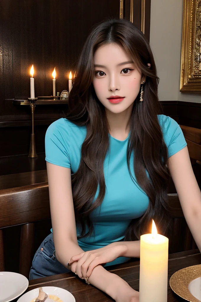 Generate an image of a breathtaking 20-year-old Asian woman whose beauty is comparable to a goddess of the fire element. She has large brown eyes, dark brown hair, radiant skin, and an appealing look. Dressed in a stunning top and blue skinny jeans, she is seated elegantly at a romantic dining table. The ambiance is intimate with soft lighting, candles, and a beautifully set table.