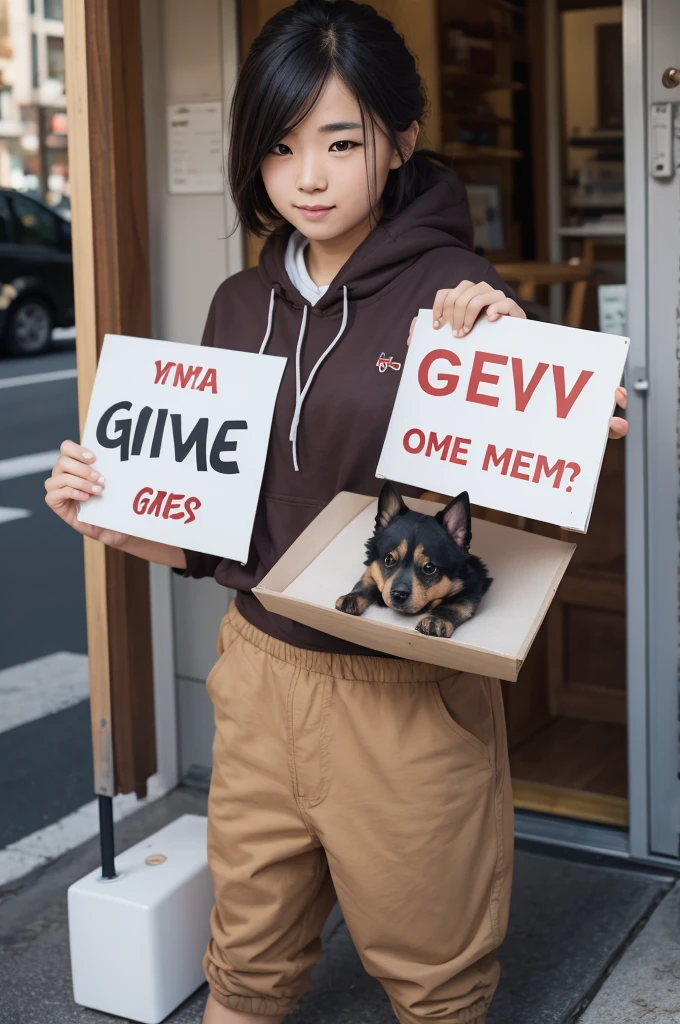 a dog holding a sign saying give me a picture