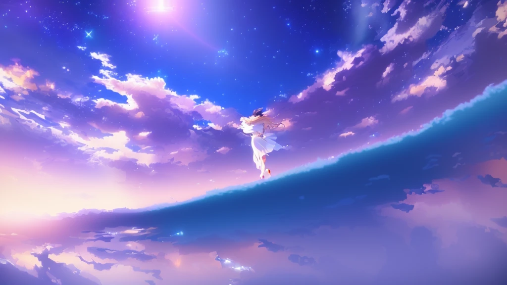 anime, A girl in a white dress floats in the water, Makoto Shinkai Cyril Rolland, anime girl walking on water, anime movie background, beautiful anime scene, today's featured anime still, anime film still, screenshot from the anime film, anime still film anime shikishi, star(null) starry_null