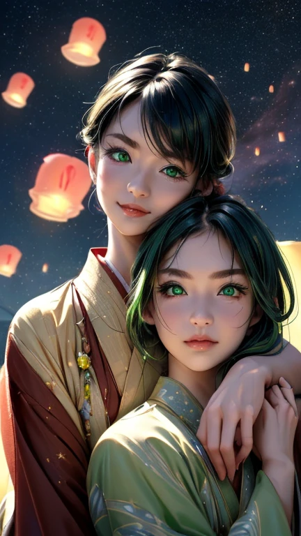 nsfw, Masterpiece, top quality, highly detailed, (Photorealistic style:1.4), Chiaroscuro style, backlighting, 2 girls, A lesbian couple in yukata, (Hug from behind, and put hand on lips, bust shot:1.6), looking at the camera with a smile, (A close-up of their beautiful faces,  green eyes:1.8), (Lots of fireworks all over the sky, Many Lanterns floating in the sky, big shining milky way:1.4),