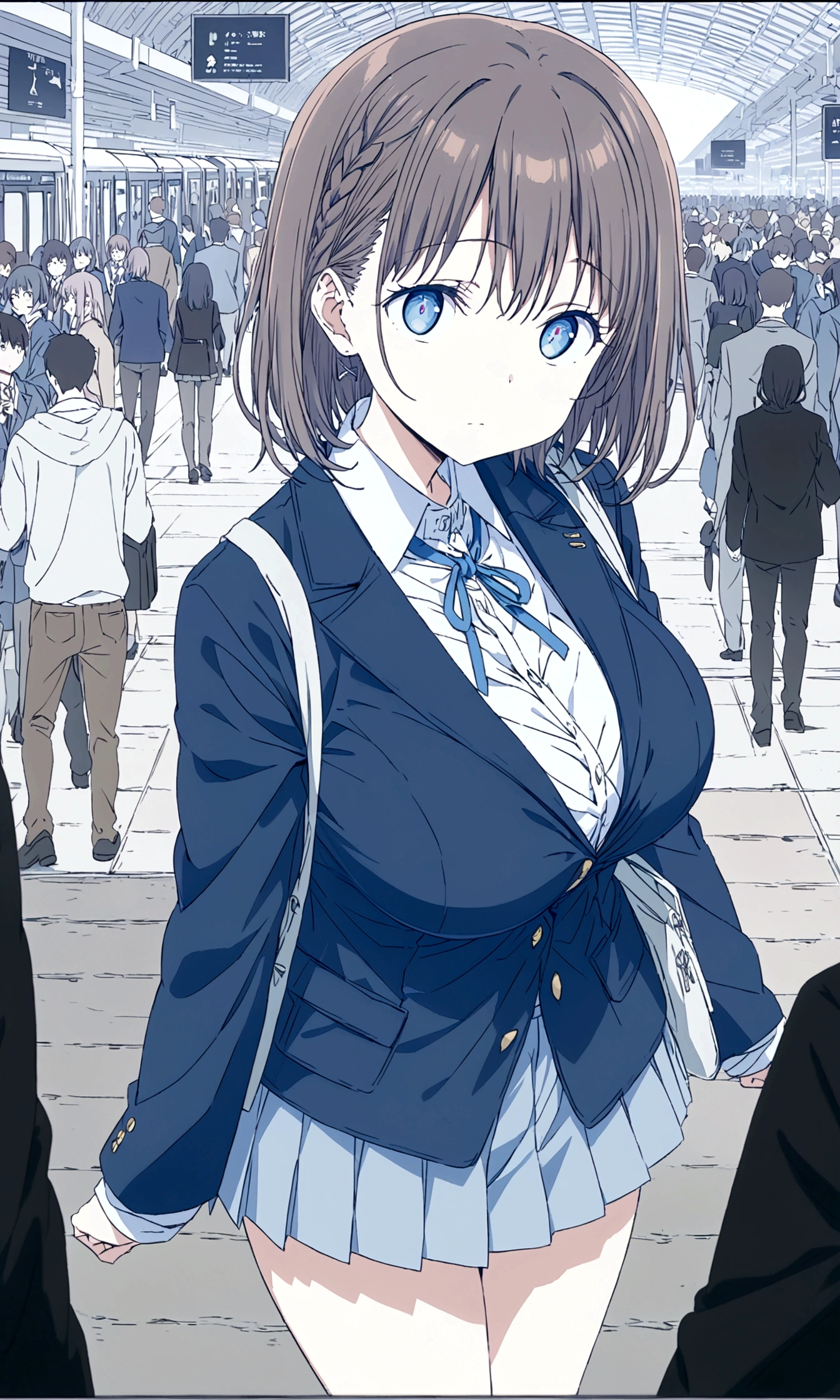 Tawawa on Monday,Ai-chan,Big Breasts,Blue Blazer,high school girl,temptations,shyness,whole body,station,crowd,silhouette,finely detailed beautiful face,high quality,anime,beautiful,High resolution,anime color,{{{{8K_wallpaper}}}},{{{masterpiece}}},{{{{extremely detailed eyes}}}},{{{{extremely detailed body}}}},{{{{extremely detailed finger}}}}