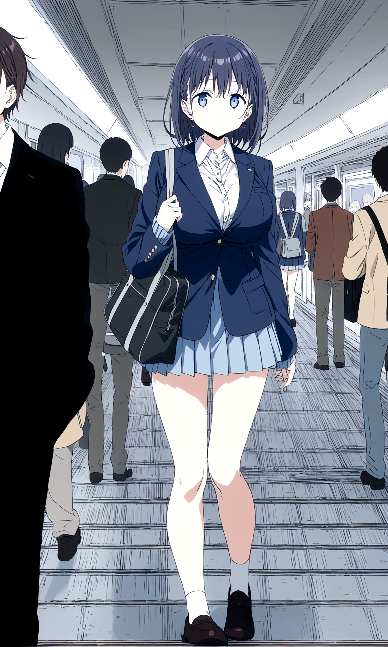 Tawawa on Monday,Ai-chan,Big Breasts,Blue Blazer,high school girl,temptations,shyness,whole body,station,crowd,silhouette,finely detailed beautiful face,high quality,anime,beautiful,High resolution,anime color,{{{{8K_wallpaper}}}},{{{masterpiece}}},{{{{extremely detailed eyes}}}},{{{{extremely detailed body}}}},{{{{extremely detailed finger}}}}