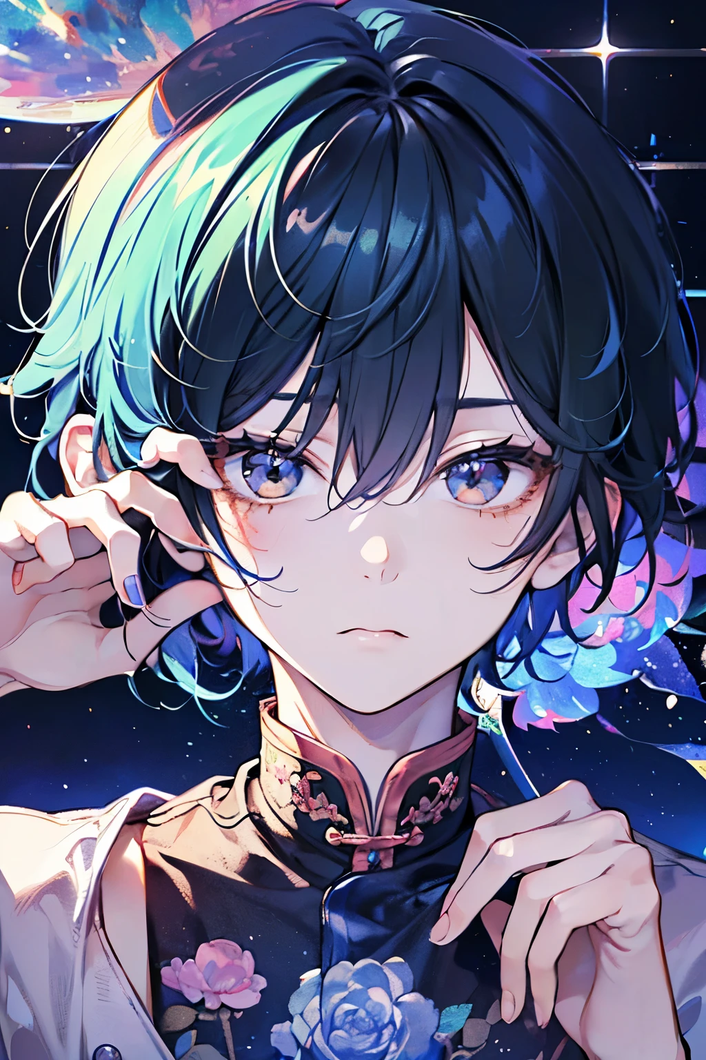 (brush),((cute,kawaii,wonderland)),(Embarrassed🥺),(Pose with hands on face:1.25),((boy,Shota,juvenile:1.2)),((1.25)),((Casual modern clothing:1.25)),((Morning Renren:1.15)),Angle from below,Angle of incitement,((Stardust Road)),(Short Hair:1.3),Close-up of face.