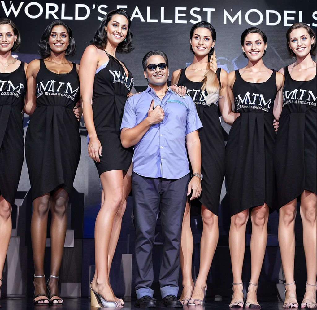 Three tall girls on the lfe left, three tall girls in the right, short man in the middle, the girls are much taller than the man, girls have big and cleavage, girls are wearing black, man is wearing blue shirt, girls are standing barefoot, man is wearing shoes,