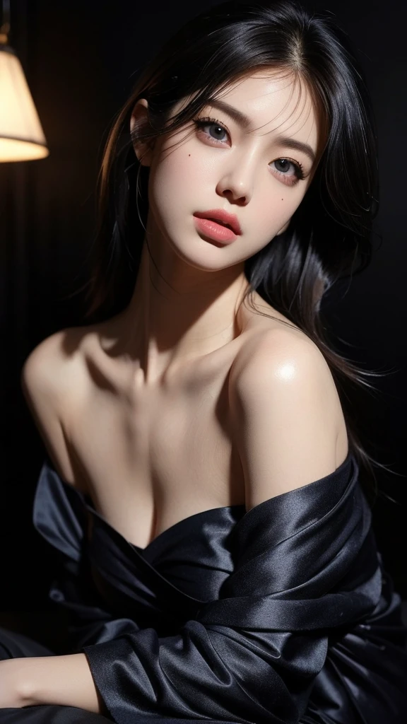 Ultra realistic, 16k, high quality, one evil naked well lit girl, succubus aesthetic, dream aesthetic, long black hair, cute bangs on the forehead, black evil eyes, bright evil eyes look, perfect nose, evil smile, pale-grey skin, grey skin, flushed cheeks, natural detailed tits, showing natural breasts, narrow waist, big hips, hot big vagina, hot legs, creepy aesthetic, 17 years old, (beautiful natural body), professional photography of a naked woman detailed, sharp focus, dramatic, award-winning, cinematic lighting, dream aesthetic, volumetric dtx, (film grain, creepy experiment laboratory background, terrifying dark laboratory scenario, blurred foreground, Bokeh, depth of field, motion blur:1.3), different open nude positions showing her hot body in multiple angles.