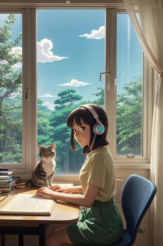 a girl with headphones sitting at a desk in front of a window with a cat, lofi hip hop, lofi girl, lofi girl aesthetic, lofi, lofi artstyle, lofi feel, lofi aesthetic, lofi art, lofi vibe, lofi vibes, lo-fi art, lo - fi, lo-fi, lofi technology, in the studio ghibli anime film, studio ghibli artstyle, studio ghibli aesthetic, retro anime girl, in studio ghibli, studio ghibli anime screenshot