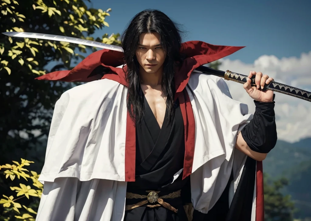 arafed man (hiko seijuro) in a black and white robe holding a sword, anime cosplay, flowing hair and long robes, (hiko seijuro) as a super villain, beautiful male god of death, with cape, full body wuxia, with a long black cape